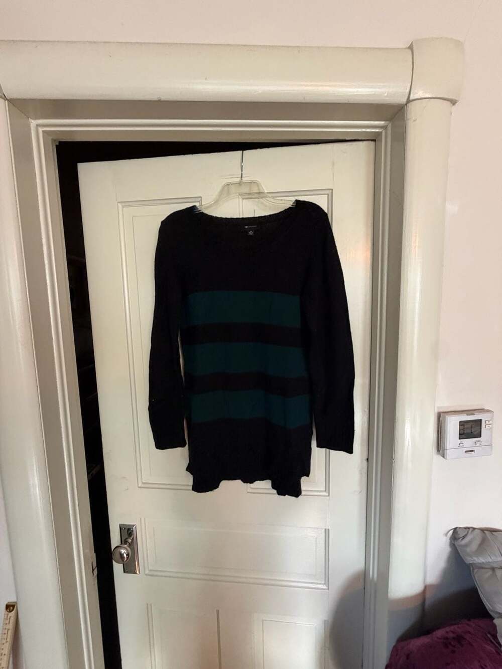 AB Studio Women's Black and Green Striped Long Sleeve Sweater Tunic